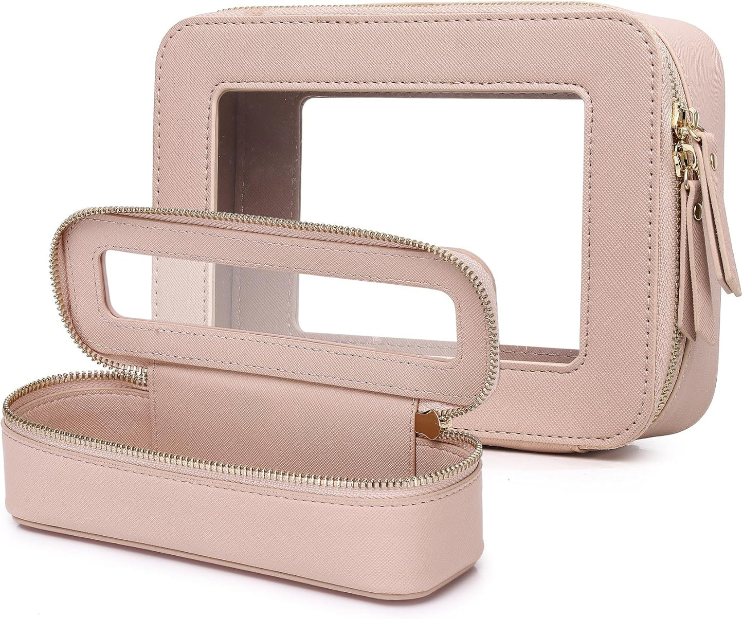 Clear Travel Makeup Bag with Brush Case Portable Transparent Cosmetic Bag and Toiletry Bag Waterproof Makeup Organizer with Zipper Car Essential for Women (Pink, M+Slim)