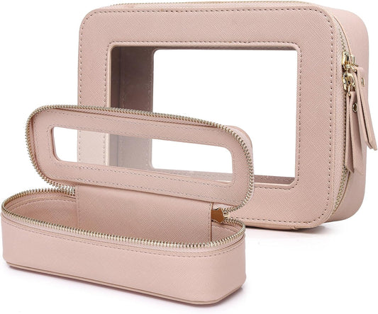 Clear Travel Makeup Bag with Brush Case Portable Transparent Cosmetic Bag and Toiletry Bag Waterproof Makeup Organizer with Zipper Car Essential for Women (Pink, M+Slim)
