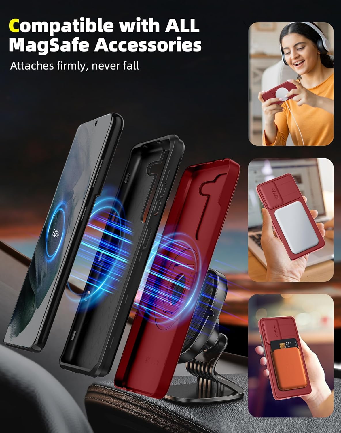 for Samsung Galaxy S21 Case Magnetic Compatible with MagSafe Wireless Charging,with Screen Protector,Built-in Kickstand Ring+Camera Cover Anti-Scratch Shockproof Heavy Duty Protection Red