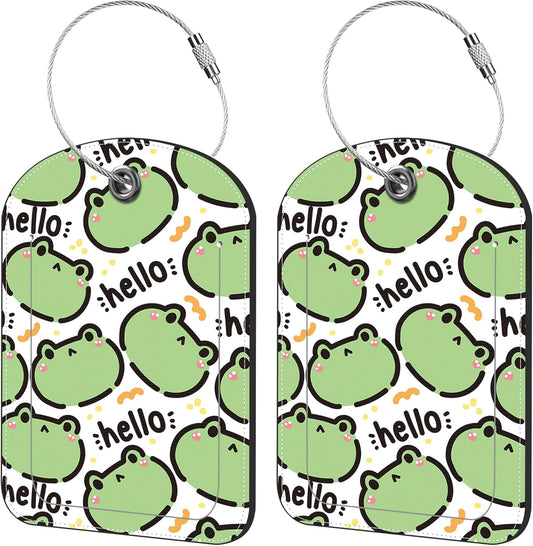 2 Pack Cute Luggage Tag for Suitcases Cute Frog Leather Luggage Tags with Stainless Steel Loop Privacy Flap Name Tags,Men and Women Travel Bag Suitcase Tags