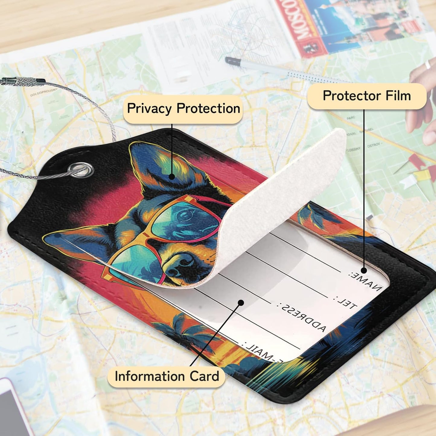 3 Pack PU Abstract Dog with Sunglasses Leahter Luggage Tag with Stainless Steel Loop,Colorful Travel Suitcase Labels with Privacy Cover ID Label Quickly Spot for Bags