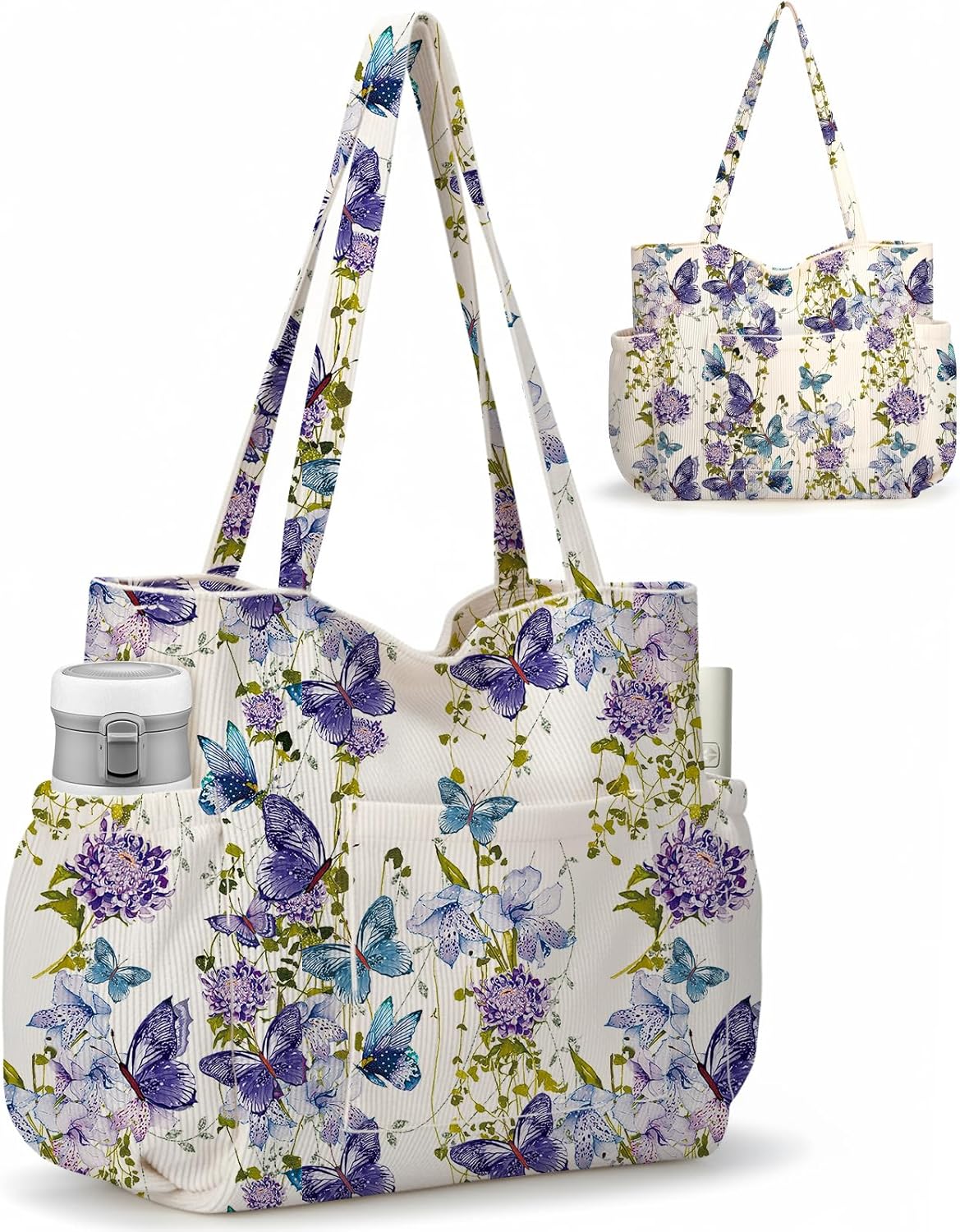 Corduroy Tote Bag for Women,Large Capacity Cute Tote Bags With 6 Pockets,Crossbody Shoulder Handbag for Work Travel Gym