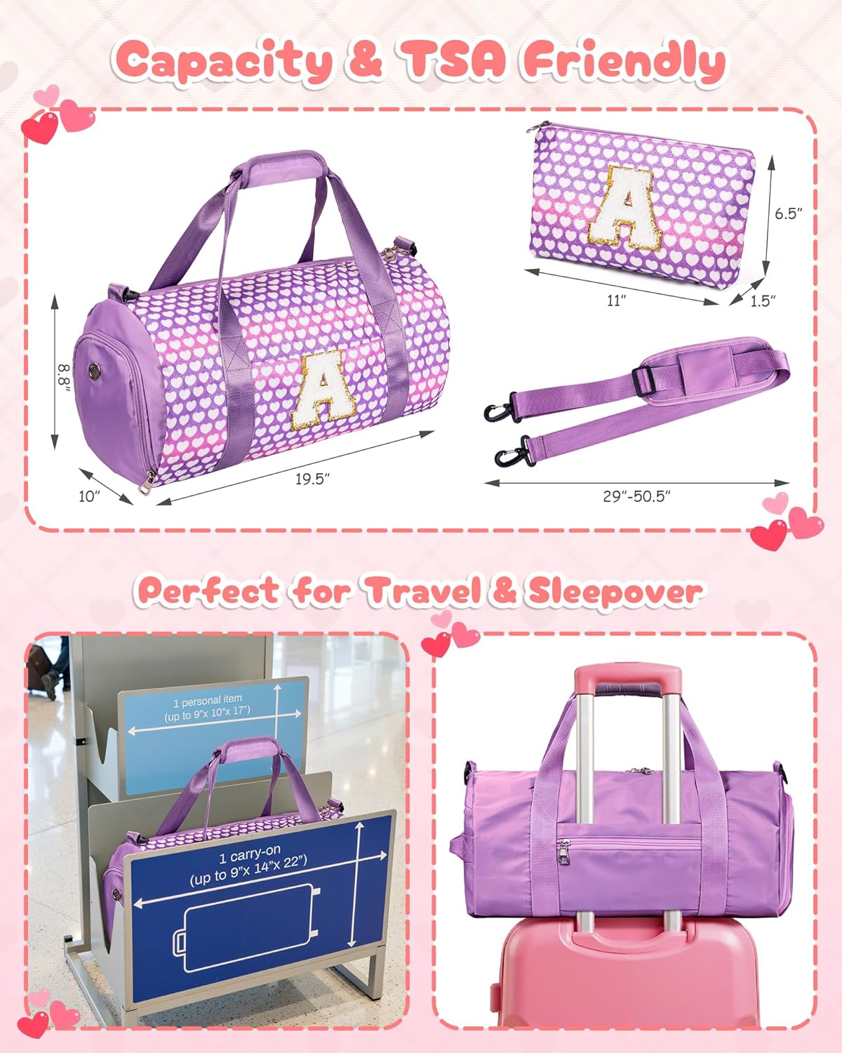 Gifts for Teenage Girl, Girls Travel Duffel Bag, Kids Initial Overnight Bags with Shoe Compartment