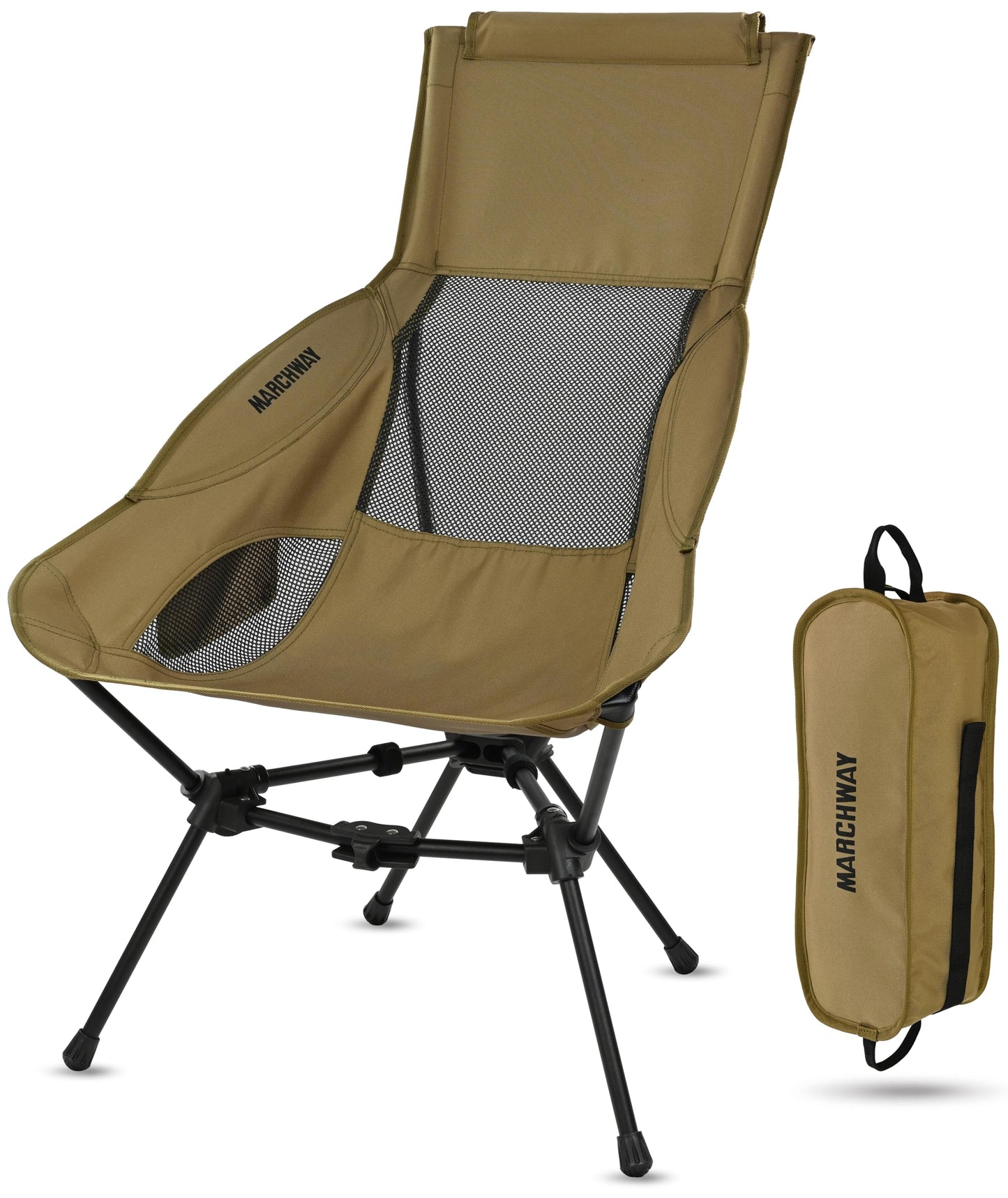 MARCHWAY Lightweight Folding High Back Camping Chair with Head Support, Stable Portable Compact for