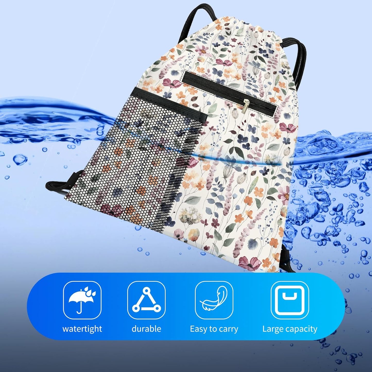 Drawstring Backpack Sports Gym Bag, Large String Swim Bag for Beach With Water Bottle Mesh Pocket, Cute Gym Sack with Zipper Pocket for Men Women Boho Flowers