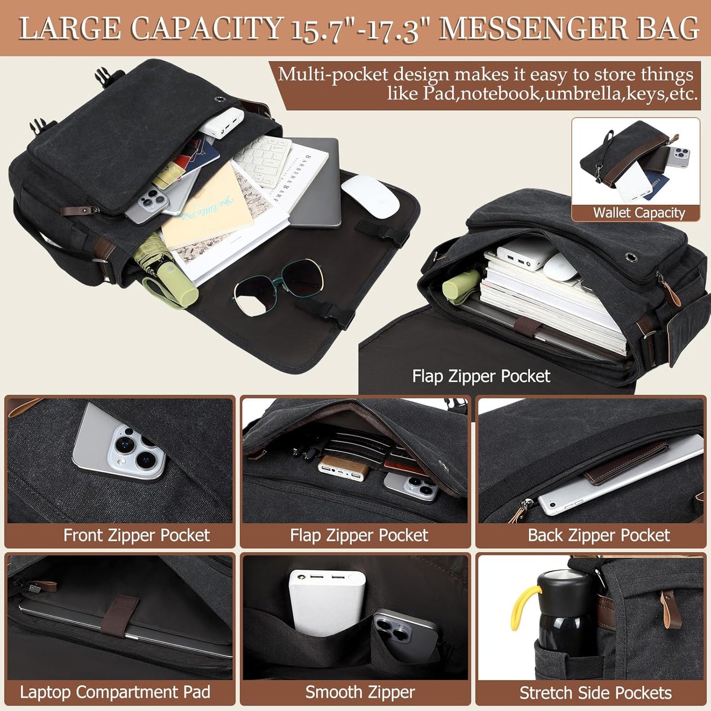 17.3 Inch Messenger Bag for Men: 2PCS Laptop Bag PU Leather Canvas Work Briefcase Large Office