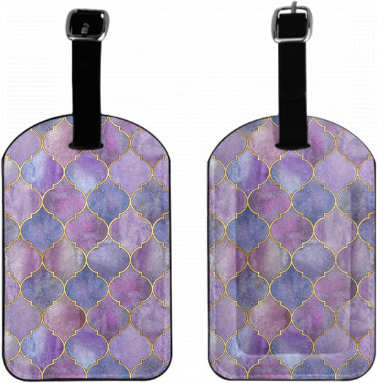 Purple Geometric Leather Travel Bag Labels Gold Thread Watercolor Texture Luggage Tags for Men Women, Suitcase Baggage Bag Tag ID Tags with Full Back Privacy Cover, 1 Pack
