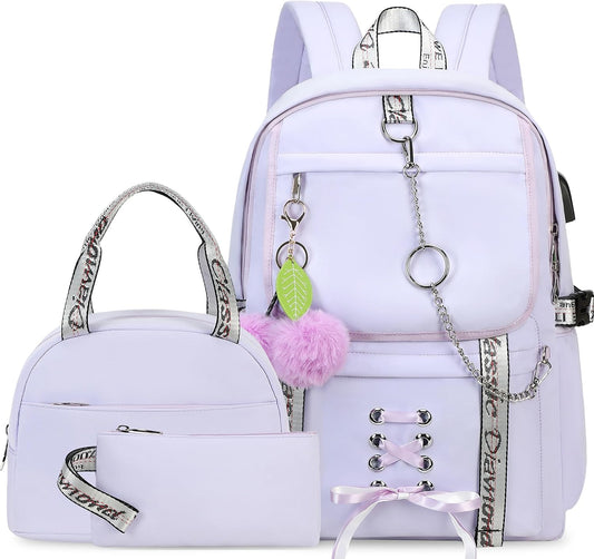 School Backpacks for Girls Backpack with Lunch Box Cute Kids Backpack for School Girls Teens Bookbag Set (Purple)