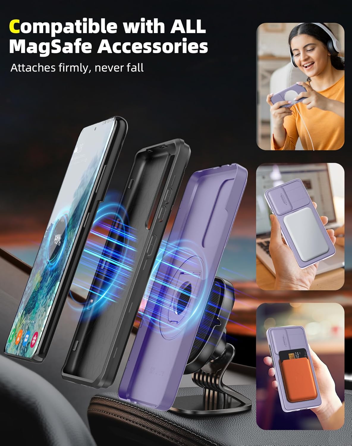 for Samsung Galaxy S20FE Case Magnetic Compatible with MagSafe Wireless Charging,with 2 Screen Protectors,Built-in Stand Ring+Camera Cover Anti-Scratch Shockproof Heavy Duty Protection Purple