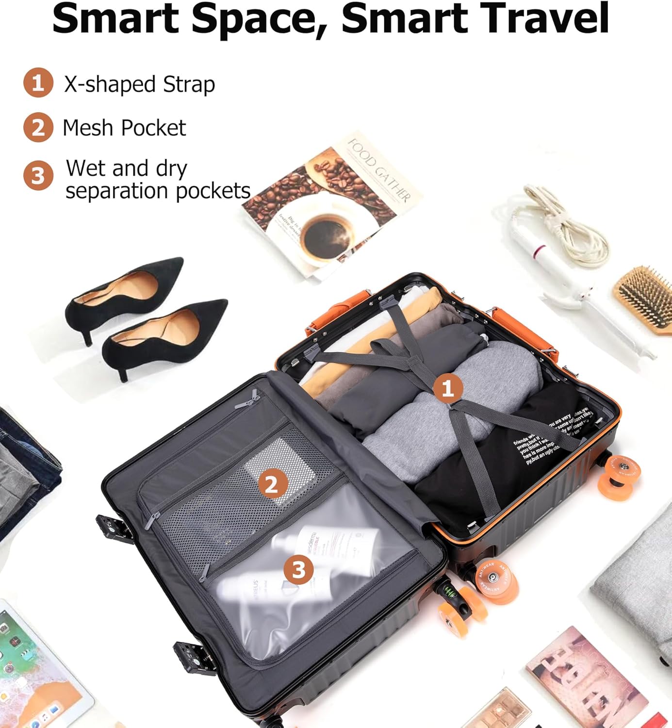 feilario 24" Aluminum Frame Wide Handle Hard Shell Carry On Suitcase - Vivid Colors Double Spinner Wheels Airline Approved Rolling Luggage with TSA Lock & Cup Holder (Black, 24in)