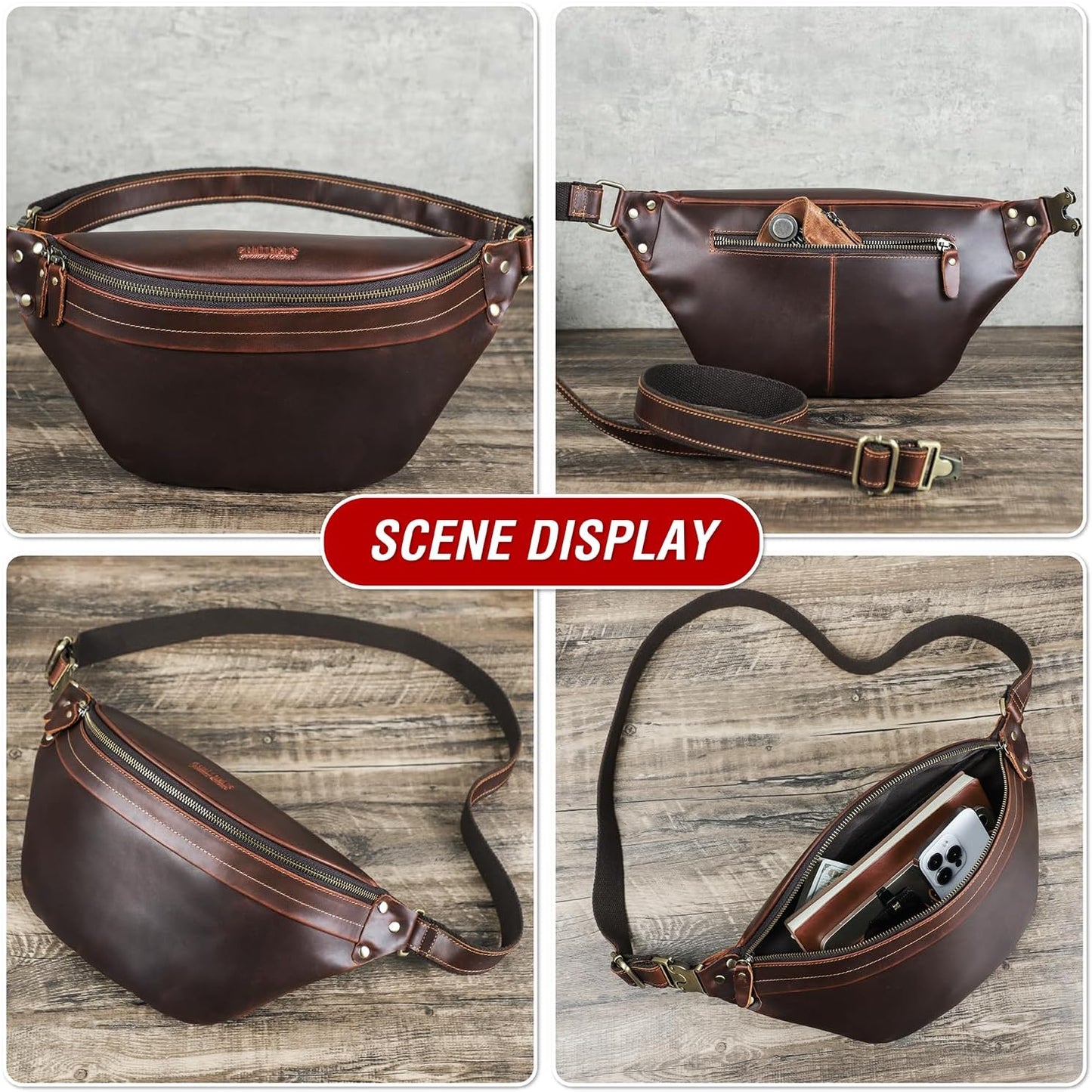 Top Grain Genuine Leather Customizable Large Fanny Pack for Man & Woman, Minimalist Vintage Design, Handmade with Detachable Hardware, Slim Waist Pack Large Crossbody Belt Bag for Traveling or Riding