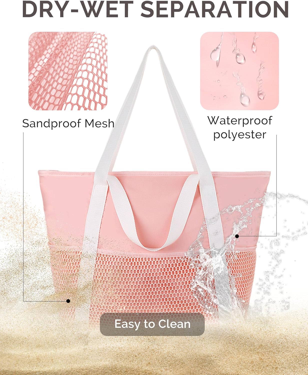HOMESPON Beach Bag Large Waterproof Sandproof Foldable Tote for Women with Zipper Mesh Pockets for Pool Swim Travel Everyday
