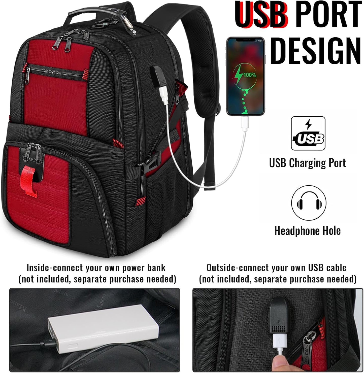 YOREPEK Travel Backpack, Extra Large 50L Laptop Backpacks for Men Women, Water Resistant College Backpack Airline Approved Business Work Bag with USB Charging Port Fits 17 Inch Computer, Bright Red