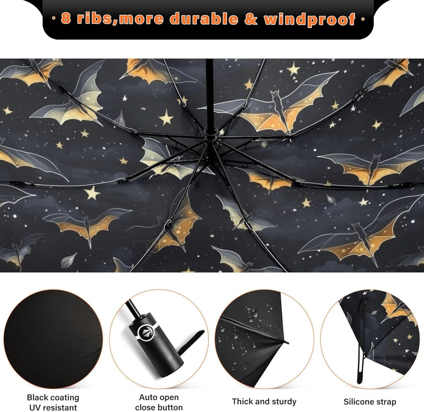 Automatic Folding Umbrella Windproof Strong, UV Protection Compact Black Gothic Moon Spider Webs and Bats Sun Rain Sun Rain Travel Umbrellas for Women Men