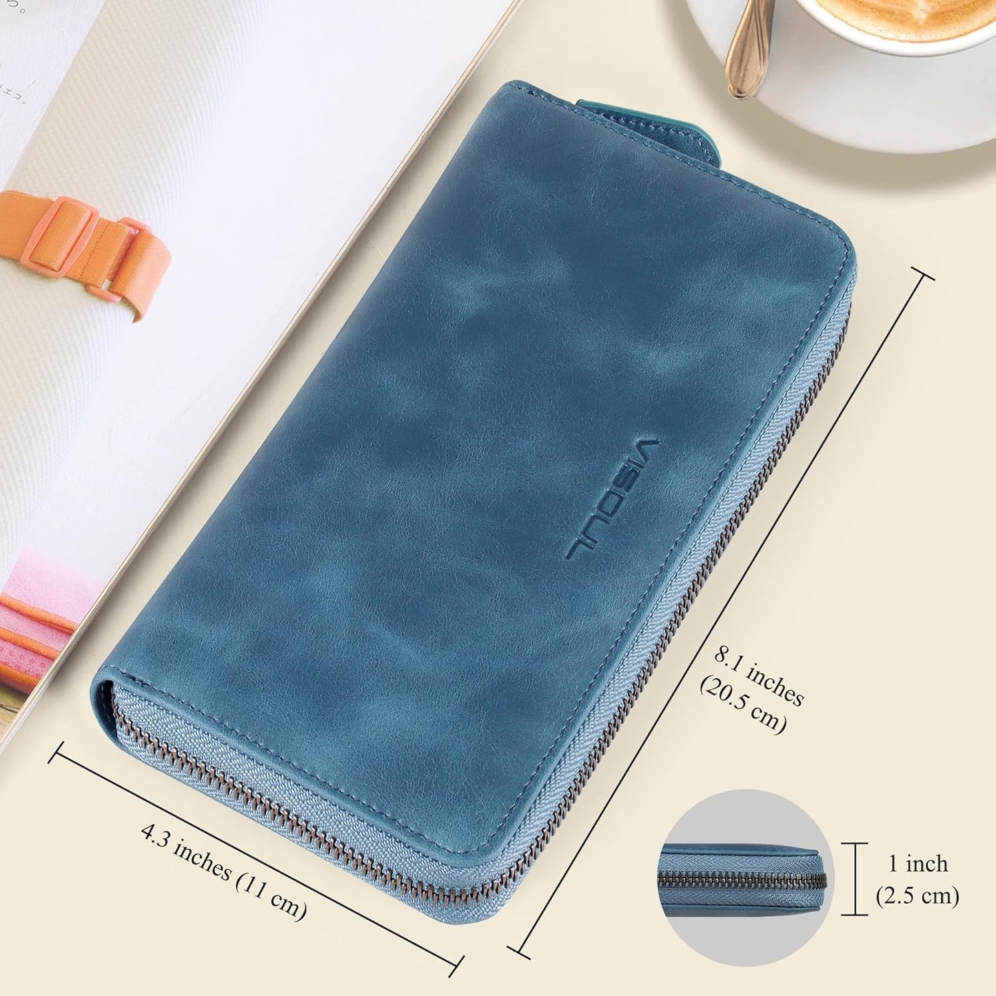 VISOUL Leather Long Zipper Pouch Wallet for Men and Women with RFID Blocking, Large Clutch Cash Long Wallet with Zipper (Navy Blue)