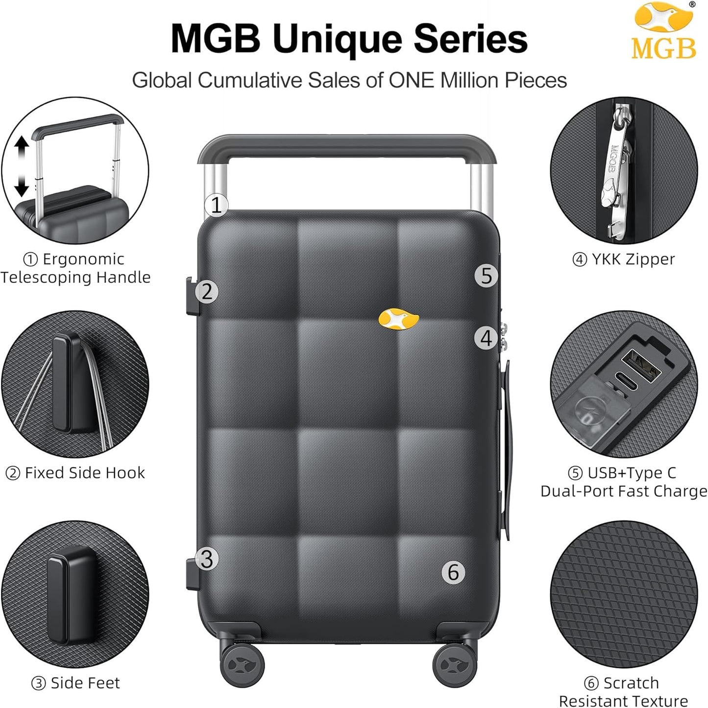 MGB Carry On Luggage Airline Approved 20'' Lightweight Luggage Wide Handle PC Hardshell Suitcases with Spinner Wheels & TSA Lock, Charcoal Grey