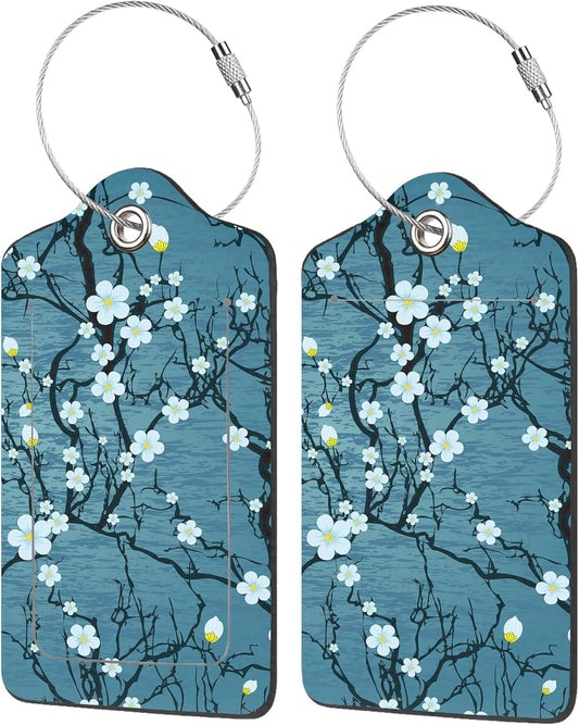 2 Pack Luggage Tag for Suitcase,Japanese Cherry Blossom PU Leather Suitcase Tags Identifiers with Privacy Name Address Labels and Durable Steel Loop for Women Men Travel