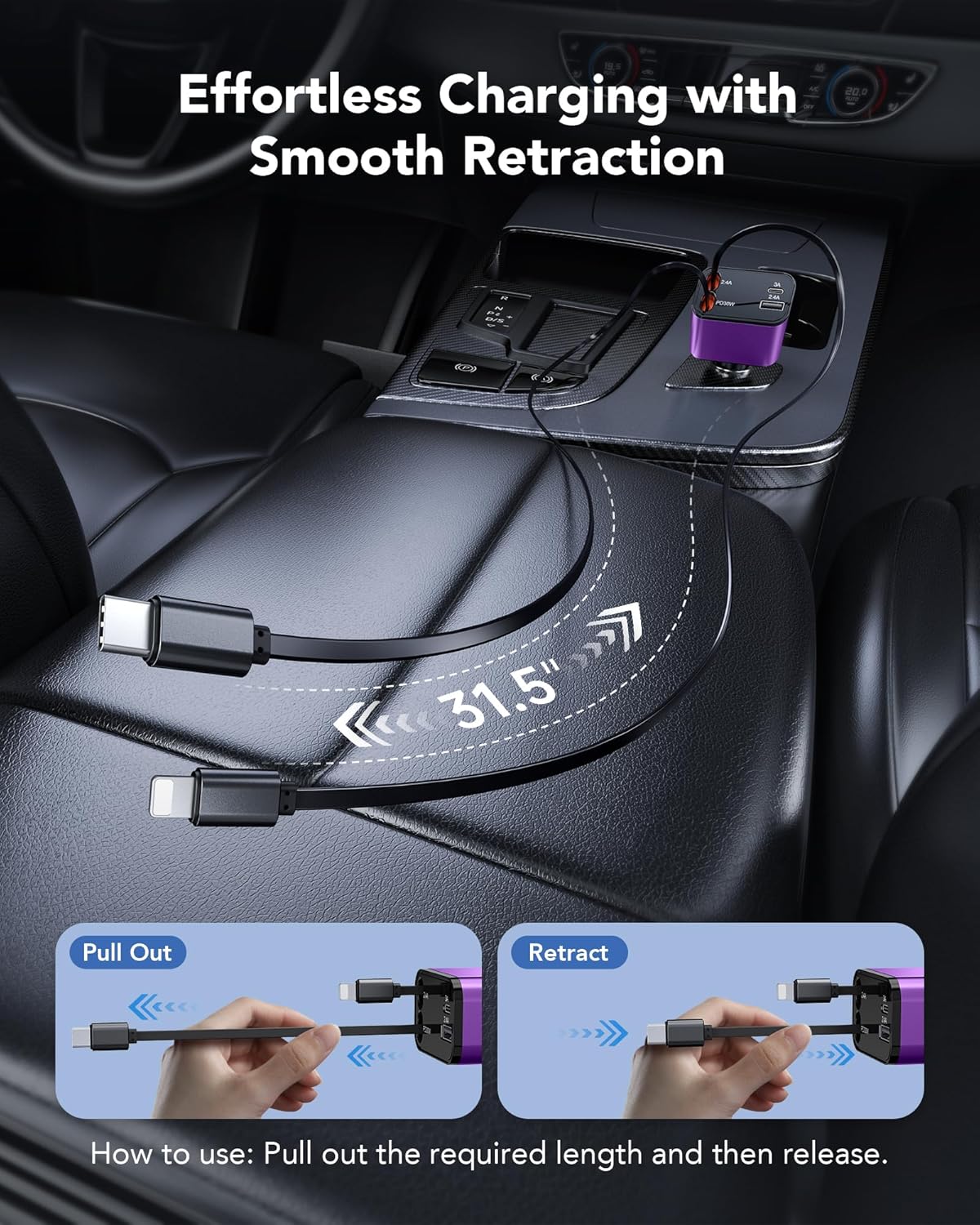 69W Retractable Car Charger, 4-in-1 Fast Car Phone Charger with 2.6ft Two Retractable Cables and USB C+USB A Car Charging Block Cube, Compatible with iPhone 15 16 17 Pro Max Plus,Galaxy,Pixel(Purple)