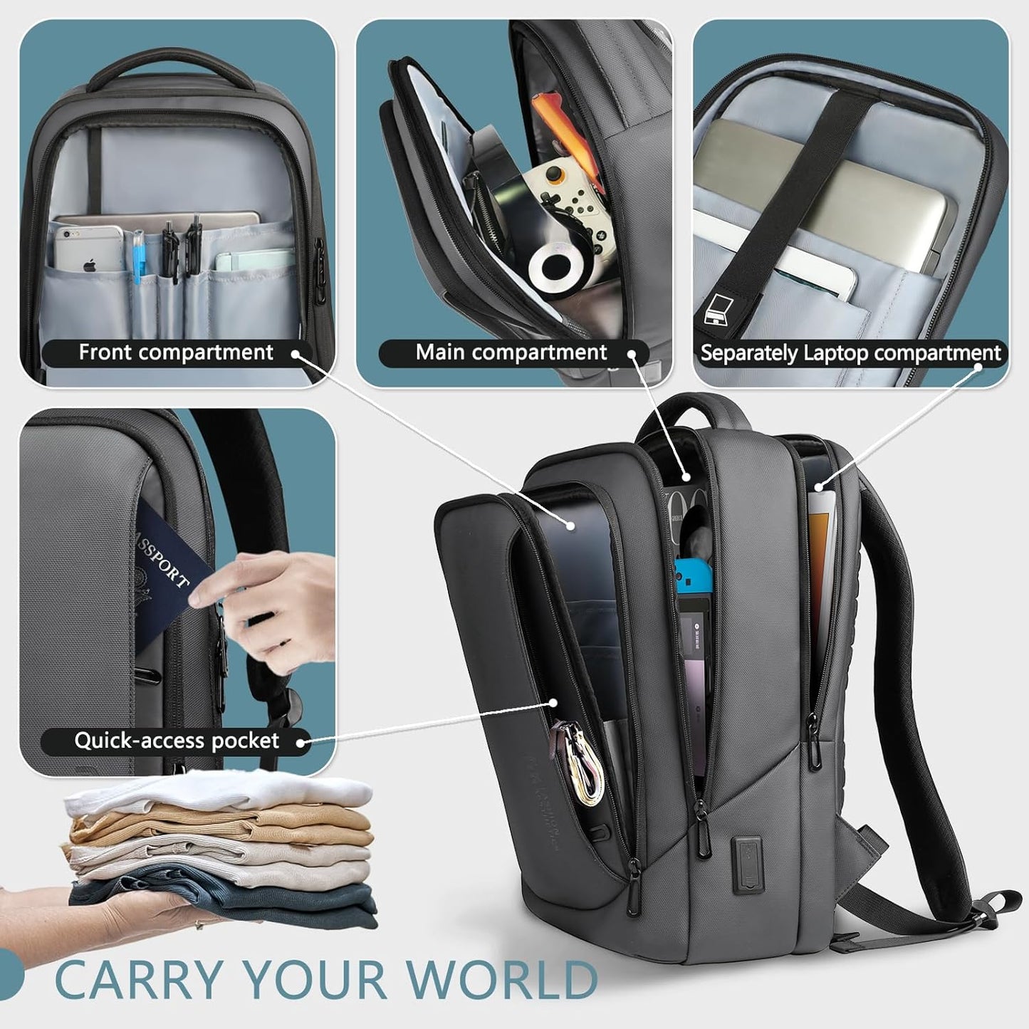 hk Laptop Backpack for Men with USB Charging Port Water-Resistant for 15.6 Inch Computer Bag