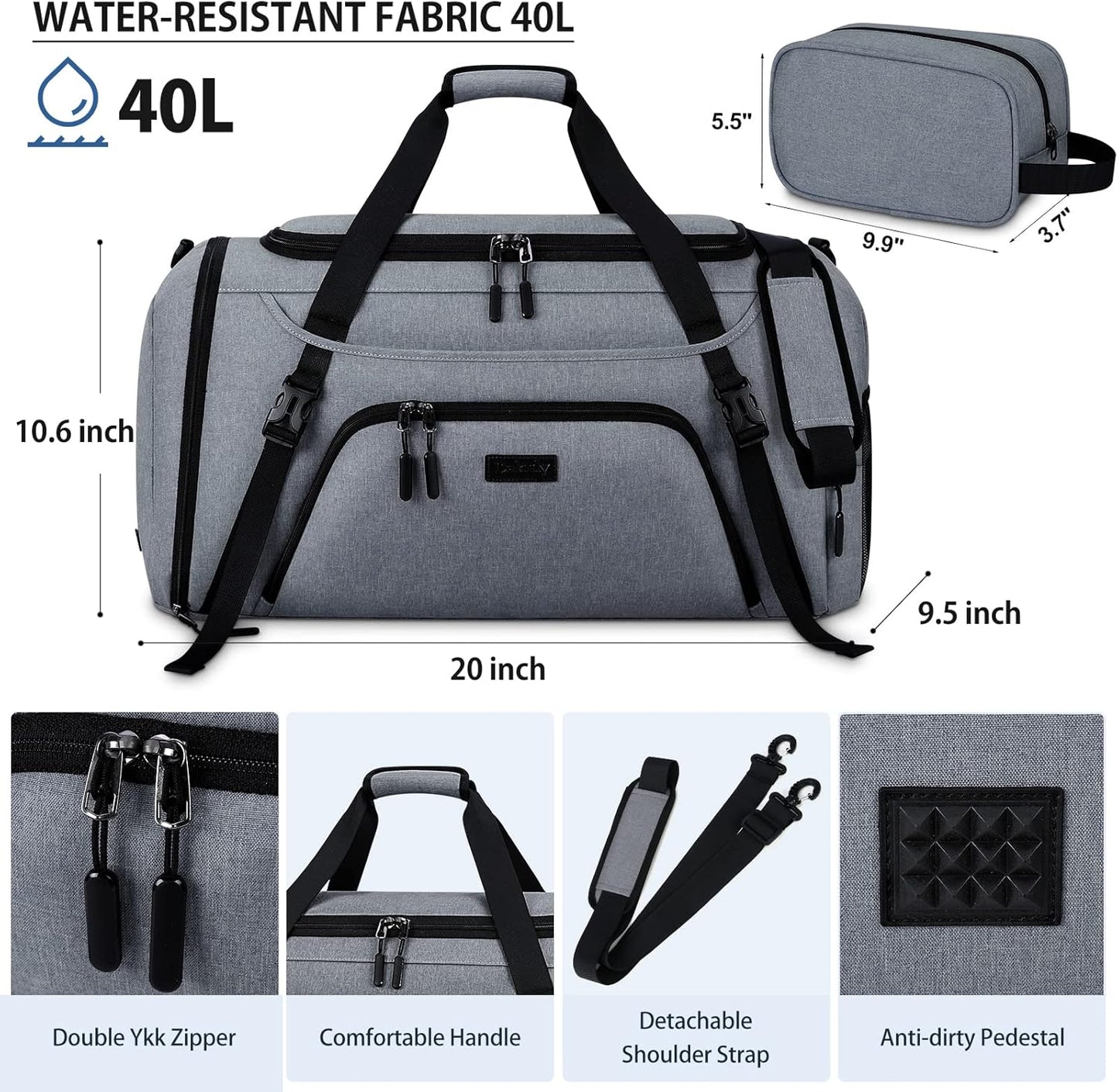 Gym Duffle Bag for Women Men 40L Waterproof Sports Bags Travel Duffel Bags with Shoe Compartment,Wet Pocket Large Weekender Overnight Bag with Toiletry Bag,Grey