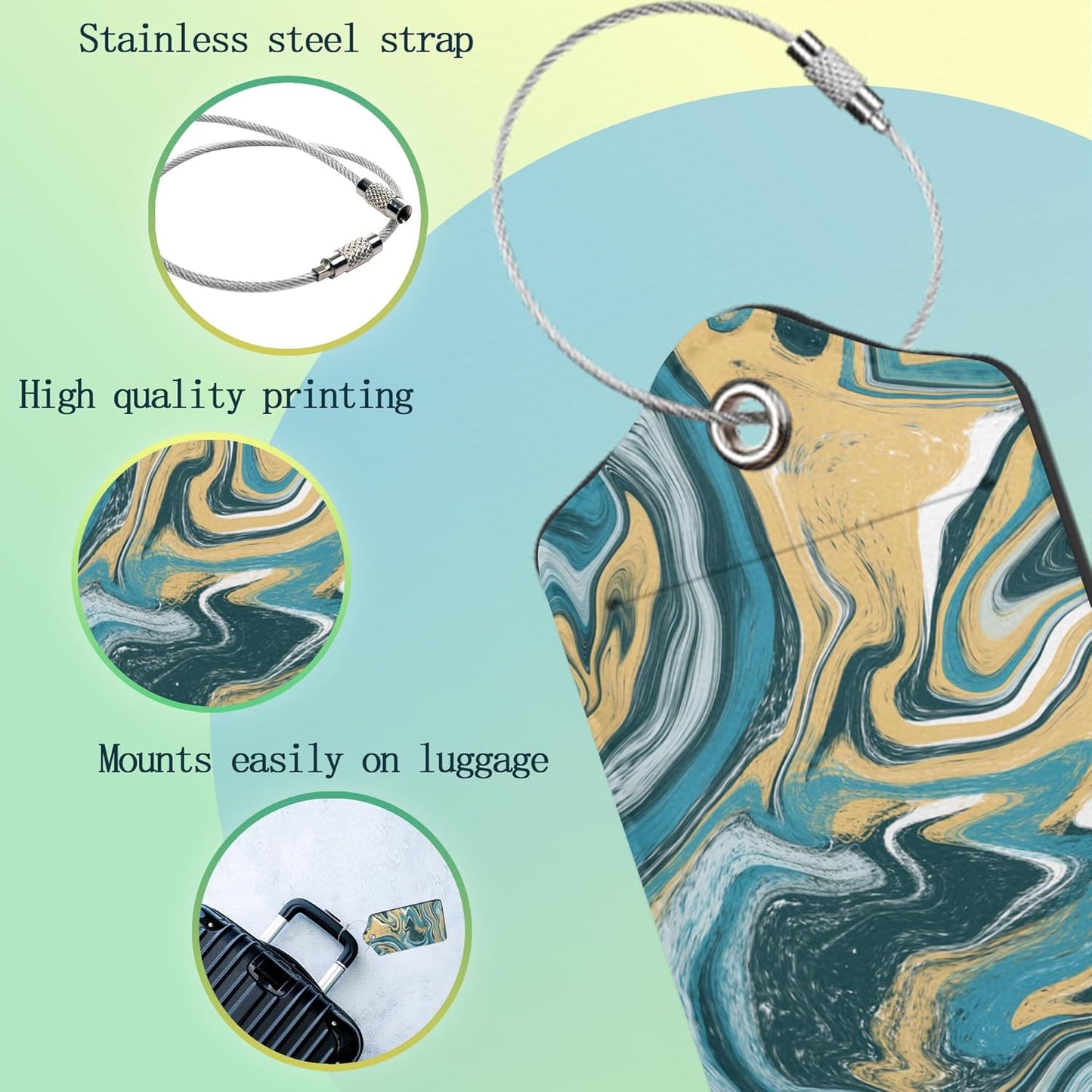Luggage Tags for Suitcase,2 Pack Blue Gold Marble Luggage Tag PU Leather Privacy Cover ID Label with Stainless Steel Loop for Women Men Teens Travel