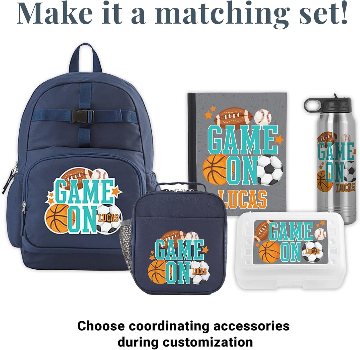 Let's Make Memories Kids Backpack for School - Personalized Back to School - Bookbag with Optional Lunch Box - Blue - Sports - Game On