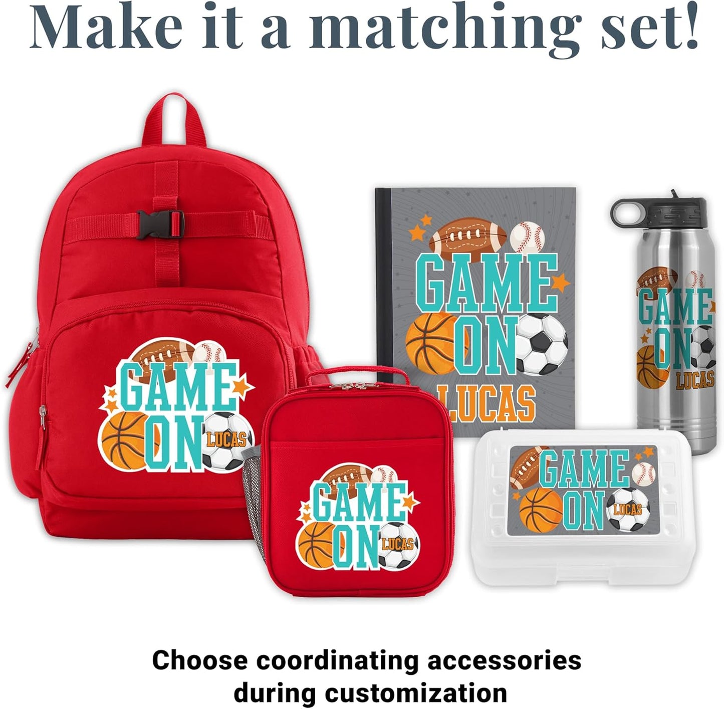 Let's Make Memories Kids Backpack for School - Personalized Back to School - Bookbag with Optional Lunch Box - Red - Sports - Game On