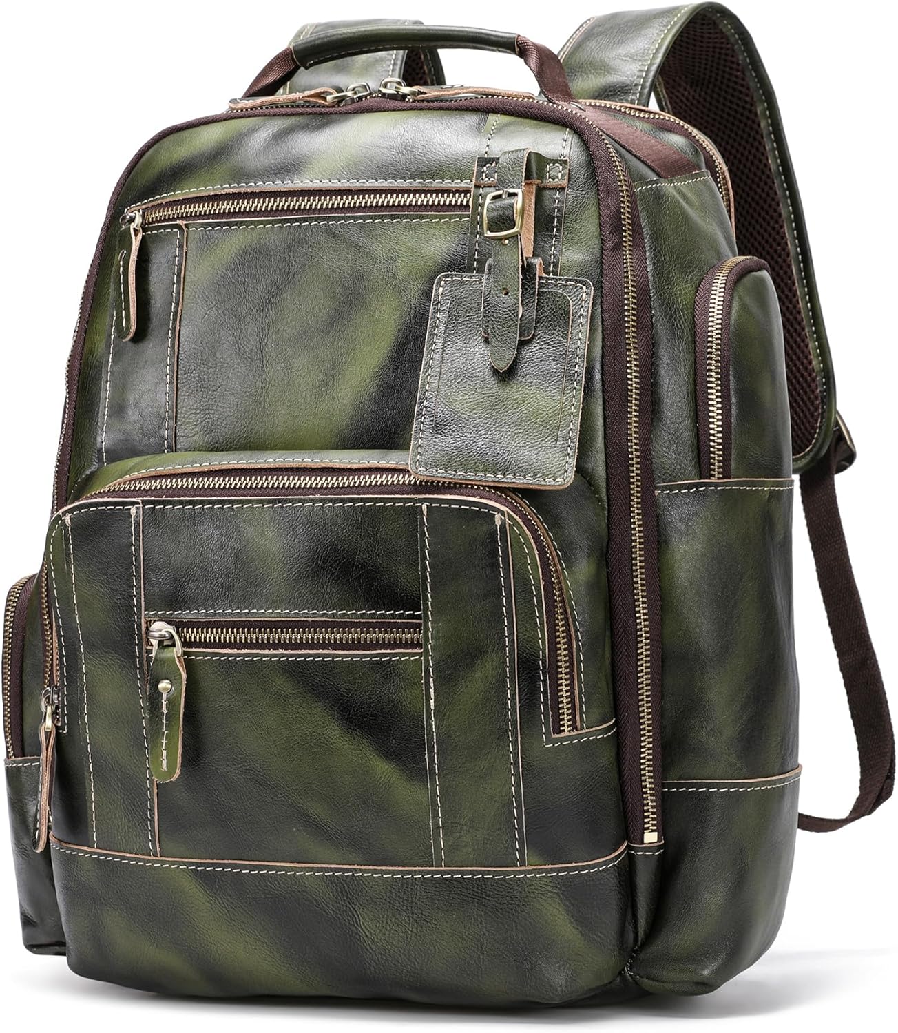 LANNSYNE Vegetable Tanned Leather Backpack for Men, 15.6" Laptop Backpack Camping Travel 24L Rucksack