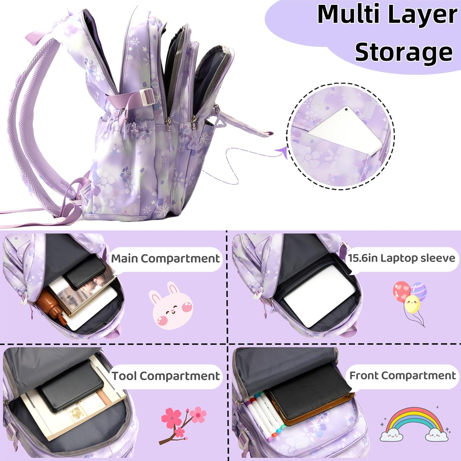 Kids Backpack for Girls Flower schoolbag with Lunch Bag & Pen Case Waterproof Girl Bookbag for