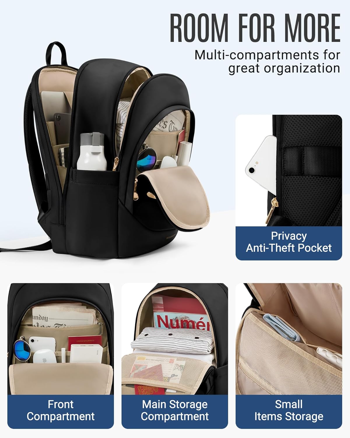 LIGHT FLIGHT Travel Backpack for Women, 15.6 Inch Laptop Backpack with USB Charging Hole, Water Resistant College Bookbag, Large Capacity Black Computer Backpacks for Work, Black