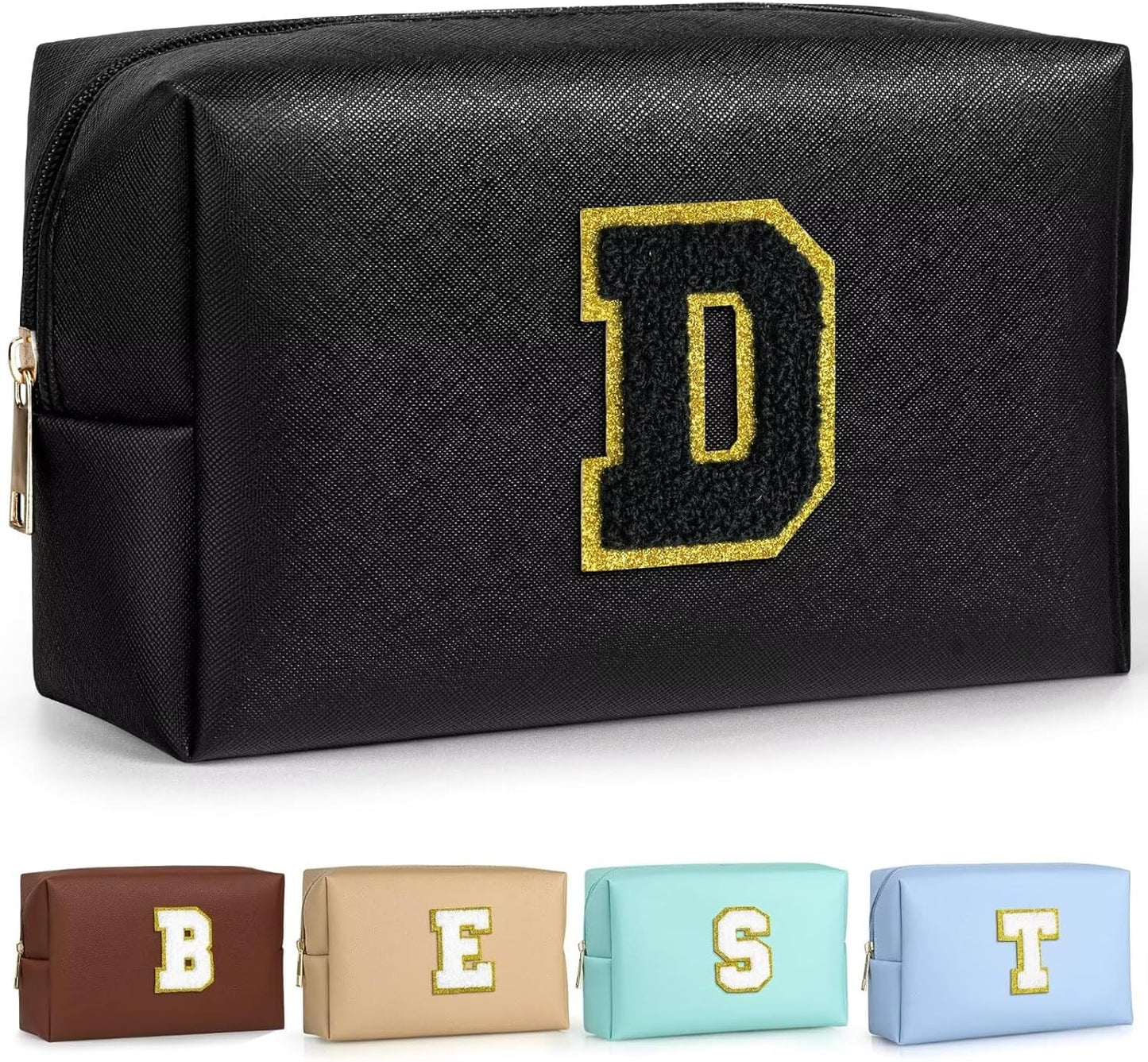 TOPEAST Preppy Small Makeup Bag, Chenille Letter Pouch Cosmetic Bag With Zipper, PU Leather Waterproof Toiletry Bag, Personalized Birthday Gift for Women, Cute Stuff for Girls (Black D)