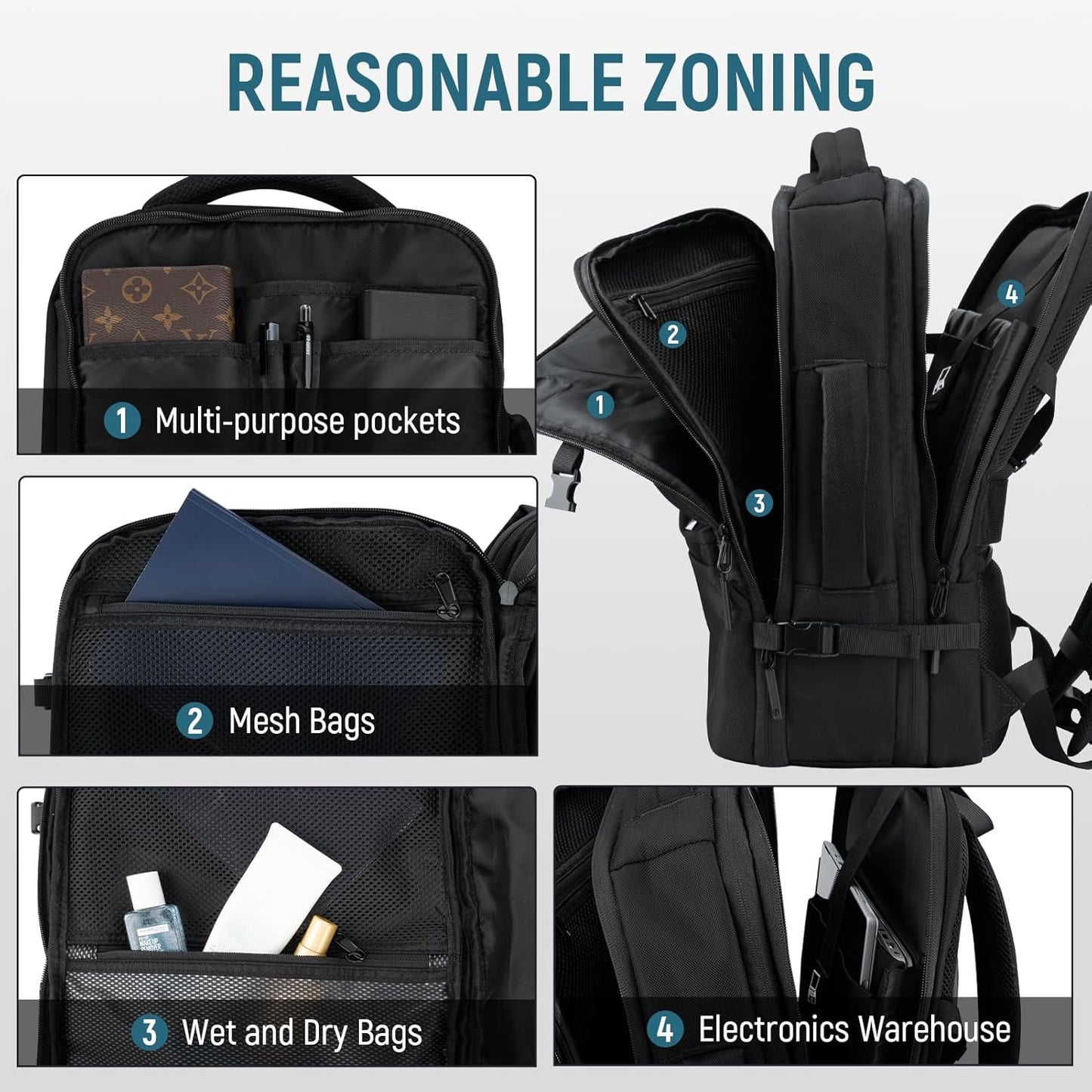 Dinictis Vacuum Seal Backpack 60L with Pump, Expandable Backpack with Vacuum Compression fits 17 inch Laptop, Waterproof Carry On Suitcase Luggage suit for Short Trip and Business-Black