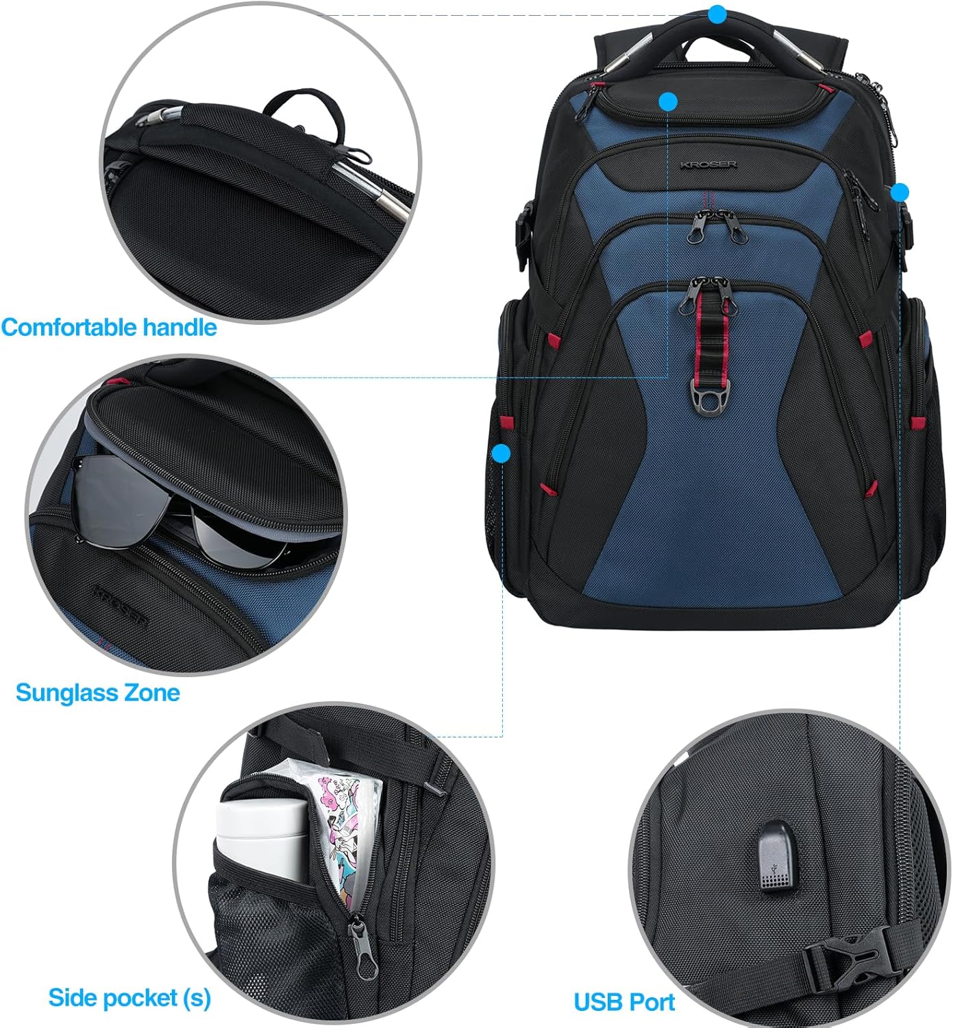 KROSER Travel Laptop Backpack 17.3 Inch XL Computer Backpack with Hard Shell Saferoom RFID Pockets Water-Repellent Business College Daypack Stylish Bag for Men/Women-Black Haze Blue