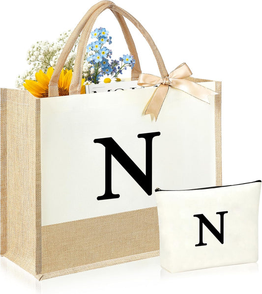 Initial Canvas Tote Bag & Makeup Bag for Women Teacher Bridesmaids，Personalized Present for Wedding, Birthday, Beach