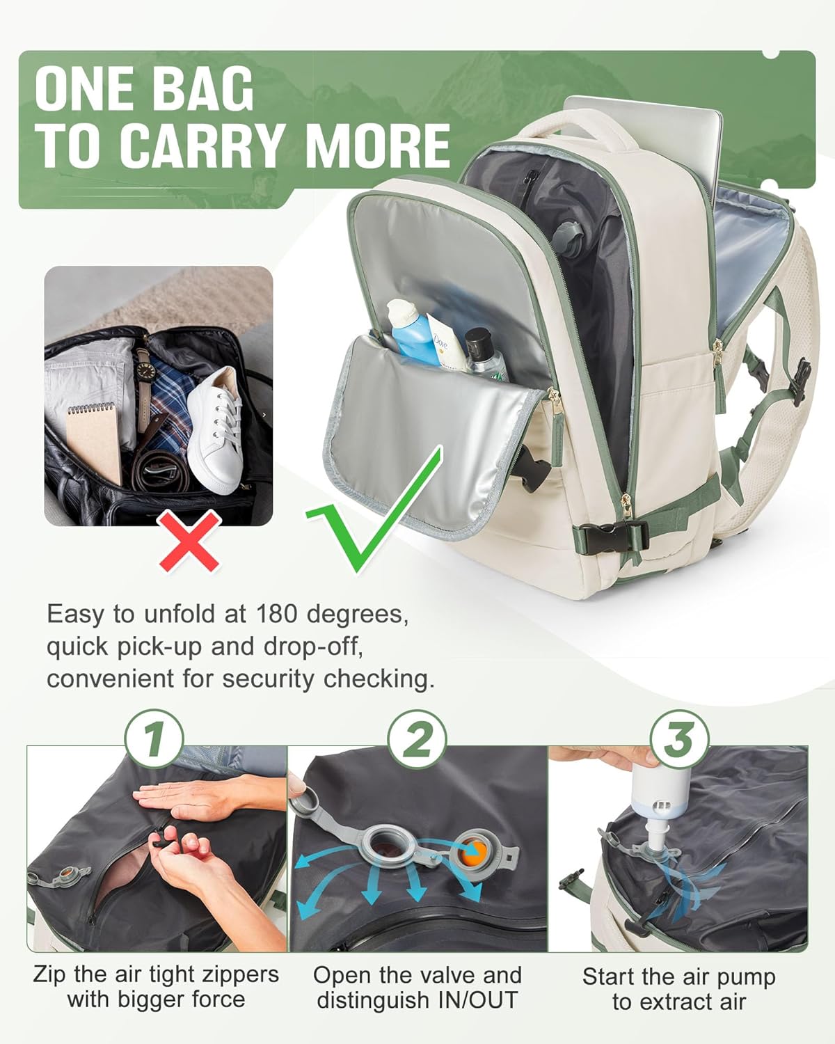 Vacuum Backpack Travel with Pump for Women,Flight Approved 18x14x8 inches,Travel Backpack with Vacuum System,15.6 Inches Laptop Bag,Rice White with Green