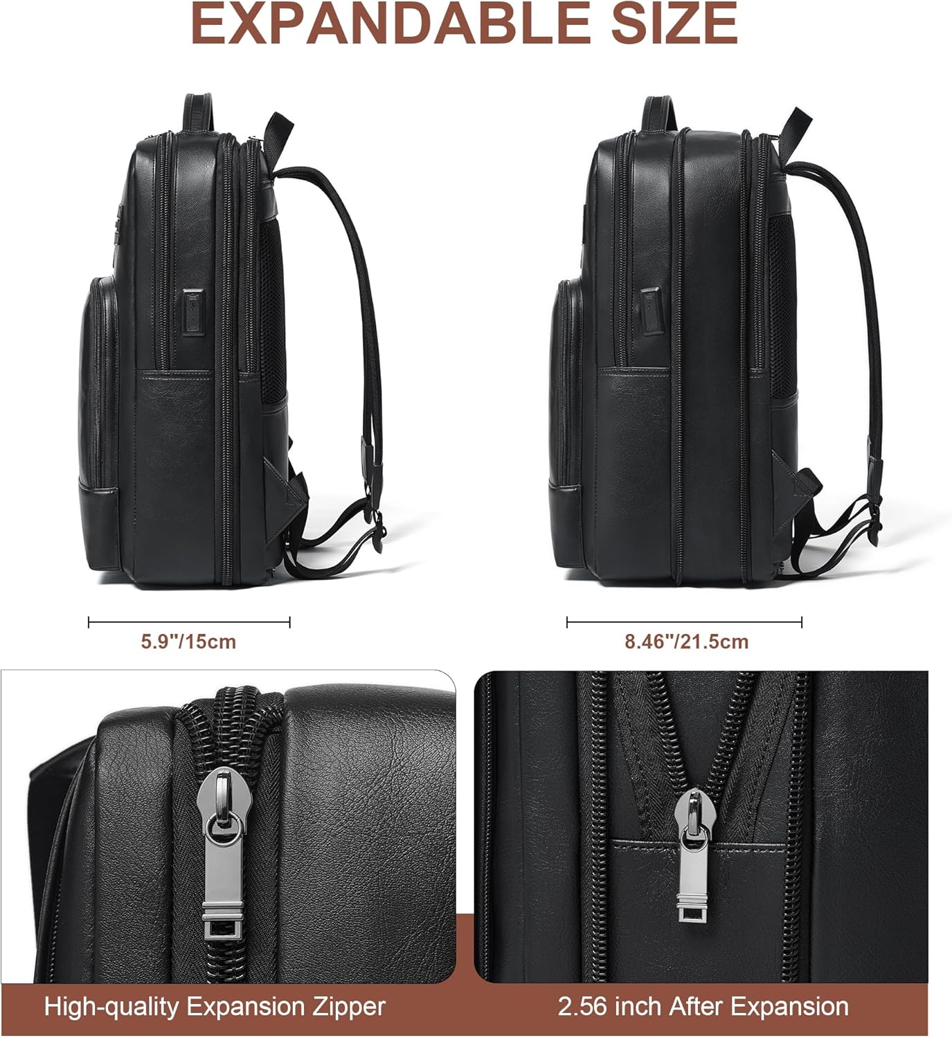 Shrrie Leather Laptop Backpack for Women and Men,28 L Travel Backpack Computer Bag Fits 16 inch Laptop,Expandable Casual Daypack with USB Charging Port for Work Business Weekender College,Black