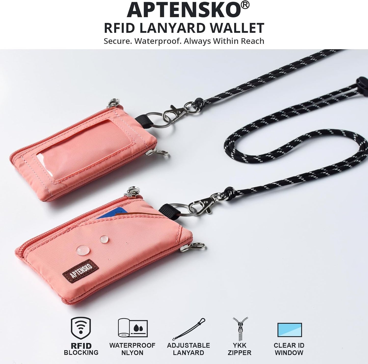 RFID Travel Wallet with Adjustable Lanyard-Zipper Small Wallet with ID Card Holder, Keychain for women&men-Minimalist Slim Waterproof Nylon case for ID, Cash, Key (Coral Blush)