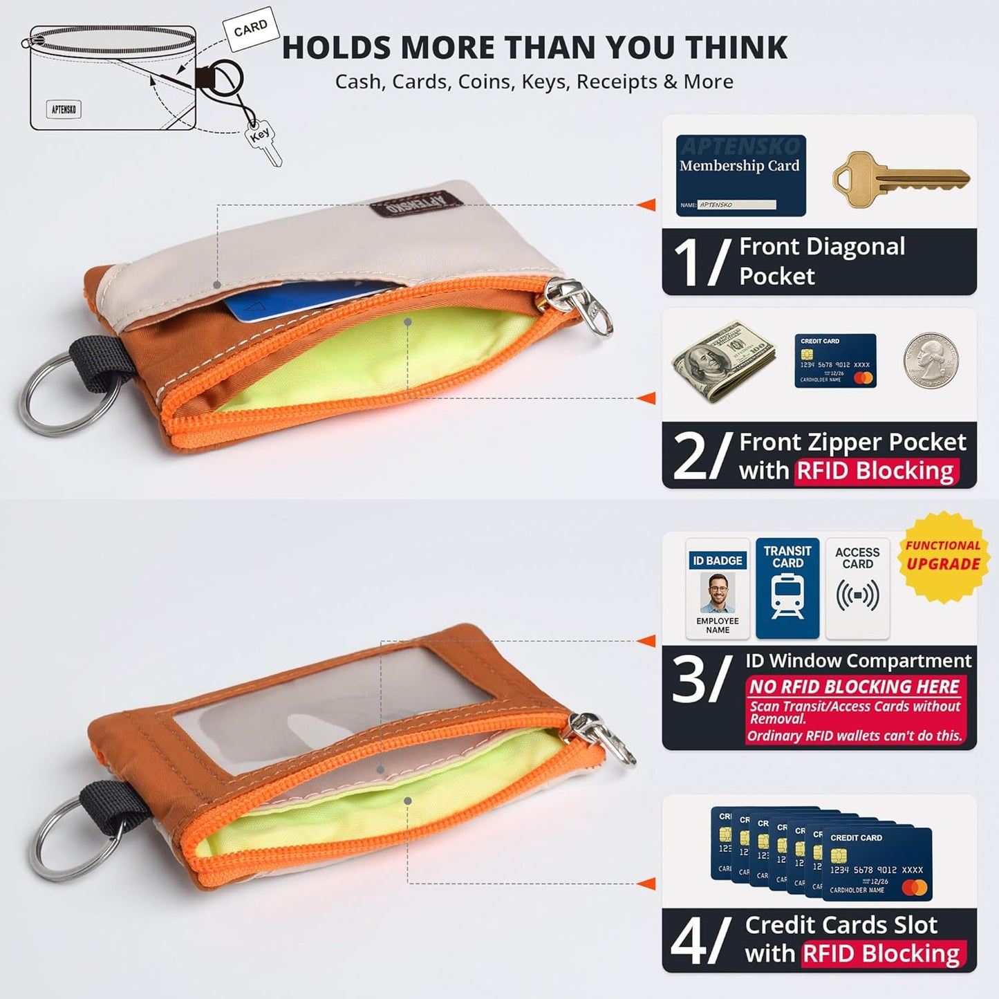 RFID Travel Wallet with Adjustable Lanyard-Zipper Small Wallet with ID Card Holder, Keychain for women&men-Minimalist Slim Waterproof Nylon case for ID, Cash, Key (Almond+Rust)