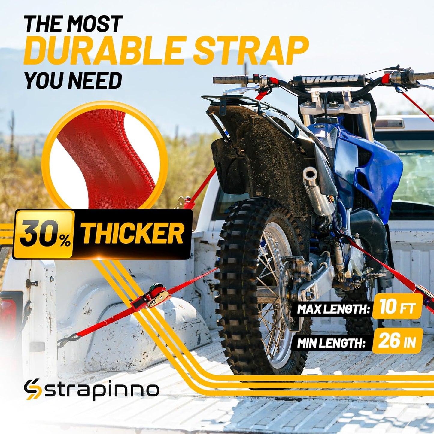 Strapinno Retractable Ratchet Straps 1 in x 10 ft, Secure Tie-Downs with Rubber-Coated Steel Handles, for Motorcycle, Jetski, Kayak, Breaking Strength 1,500LBS/680KG (Red Strap, Yellow Zinc Coated)