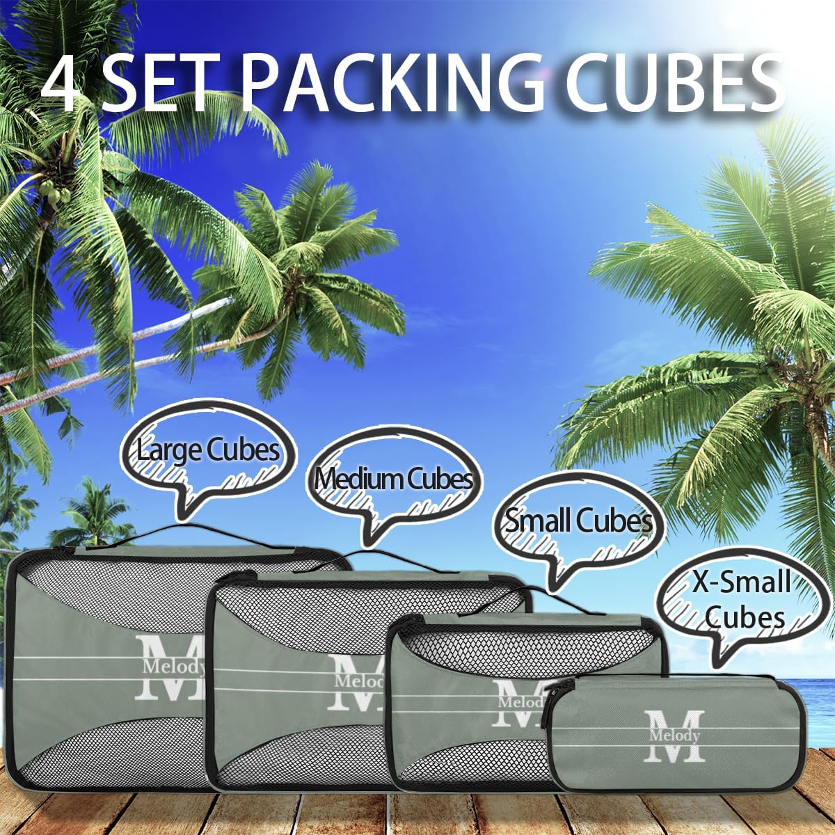 Custom Packing Cubes with Name, 4Pcs/Set Travel Luggage Packing Organizers Set for Women, Dark