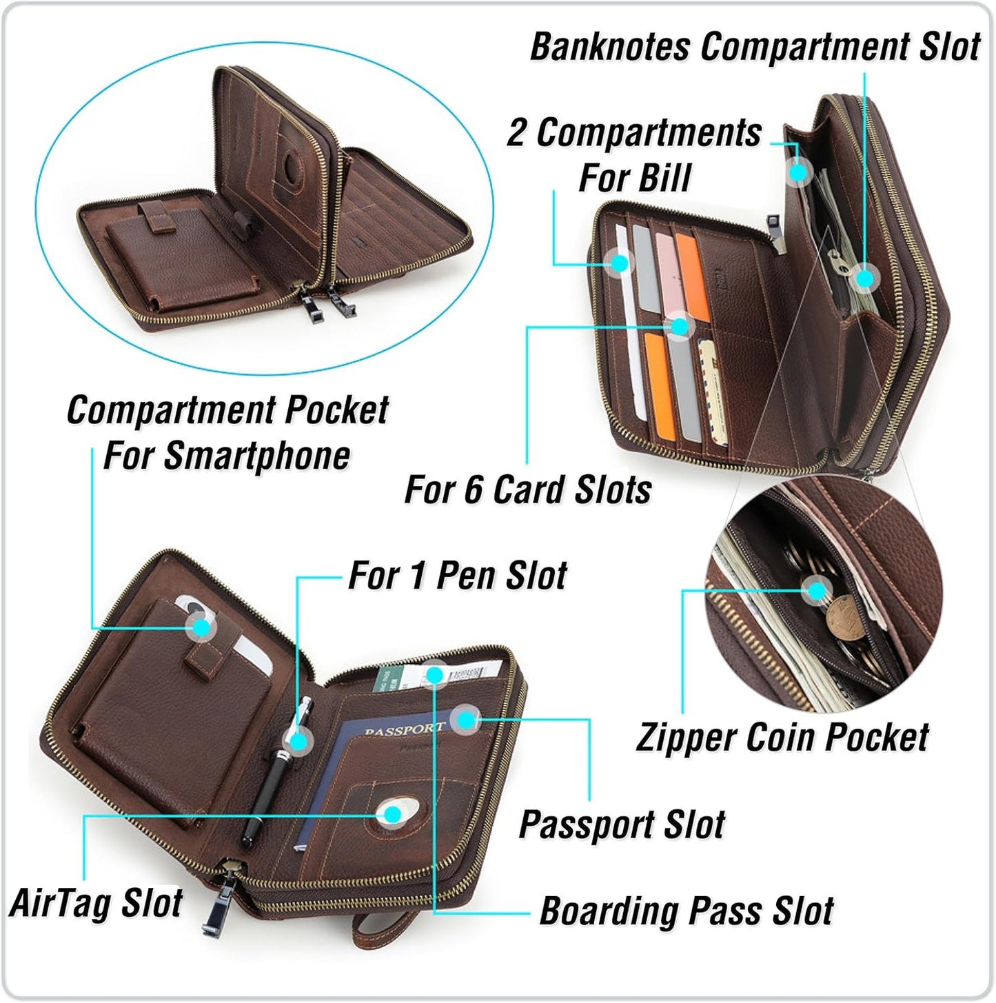 Top Grain Genuine Leather Zipper Clutch Wristlet Wallet for Man & Woman, Handmade, Multi Slots & Pockets & Combination Lock, RFID Large Capacity for Cards/Checks/Passports/Phone/Pen/AirTag, Red Coffee