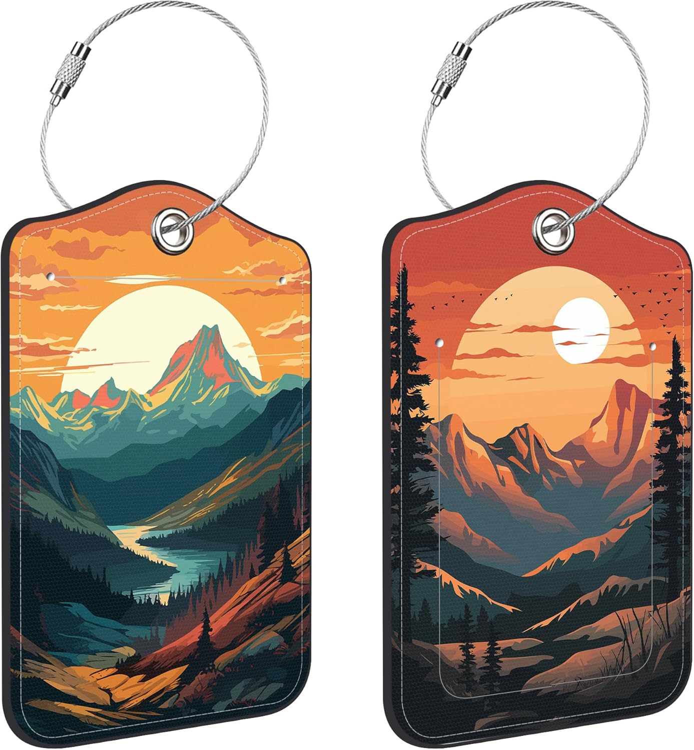 2 Pcs Luggage Tags for Suitcases, Sunset in The Mountains Leather Bag Tags for Luggage Privacy Cover Name ID Label with Stainless Steel Loop Cruise Airport Travel Essentials