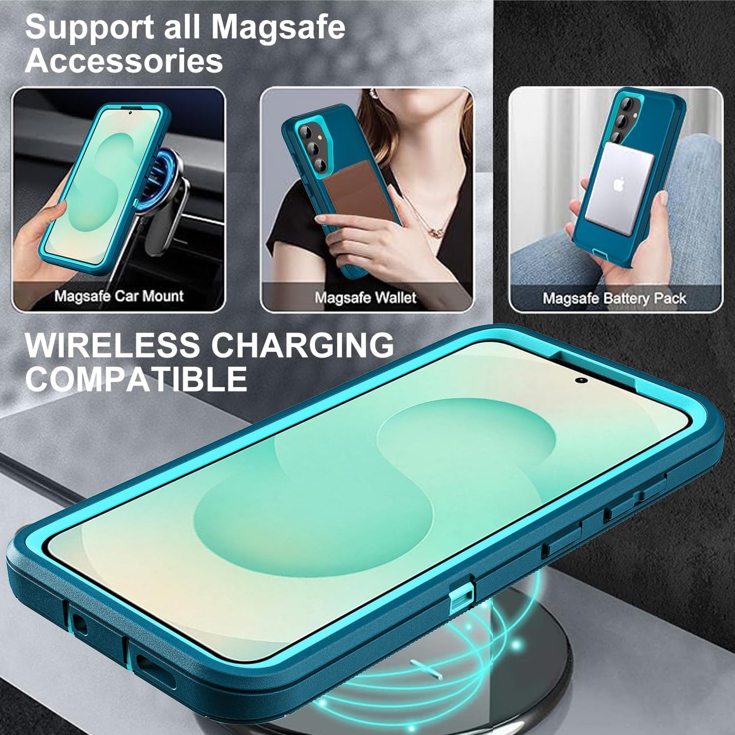 for Samsung Galaxy S25 Plus Case, Compatible with Magsafe, Military Grade 3 in 1 Heavy Duty Case with 2Pcs Tempered Glass Screen Protector & Camera Lens Protector (New-Blue/Turquoise)