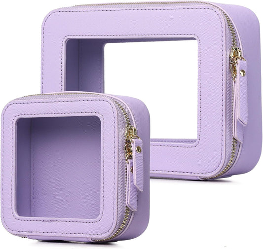 Clear Makeup Bag Set Travel Cosmetic Bag and Toiletry Bag Women's Purse Pouch Cosmetic Stroage Organizer Case with Zipper Car Essentials (Purple, M+Mini)