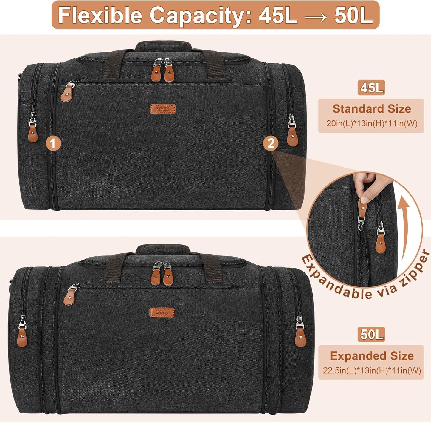Canvas Mens Duffle Bag for Travel - Expandable 50L Weekender Bags with Toiletry Bag, Overnight Bag Travel Duffel Carry On Luggage with Removable Shoulder Strap, Durable & Water-Resistant