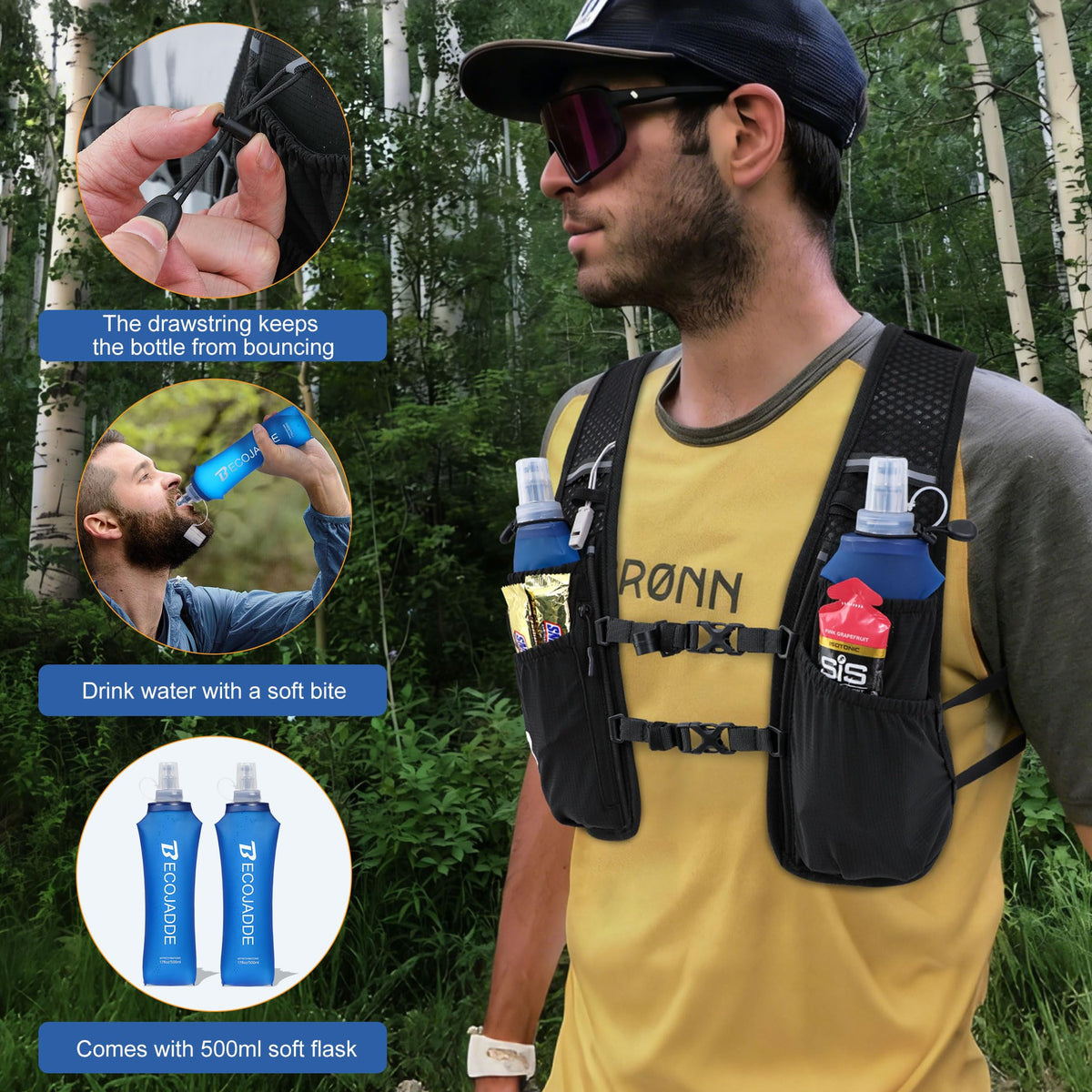 BECOJADDE Running Vest Hydration Backpack with Two 500ML Soft Water Bottles for Men Women, 5L
