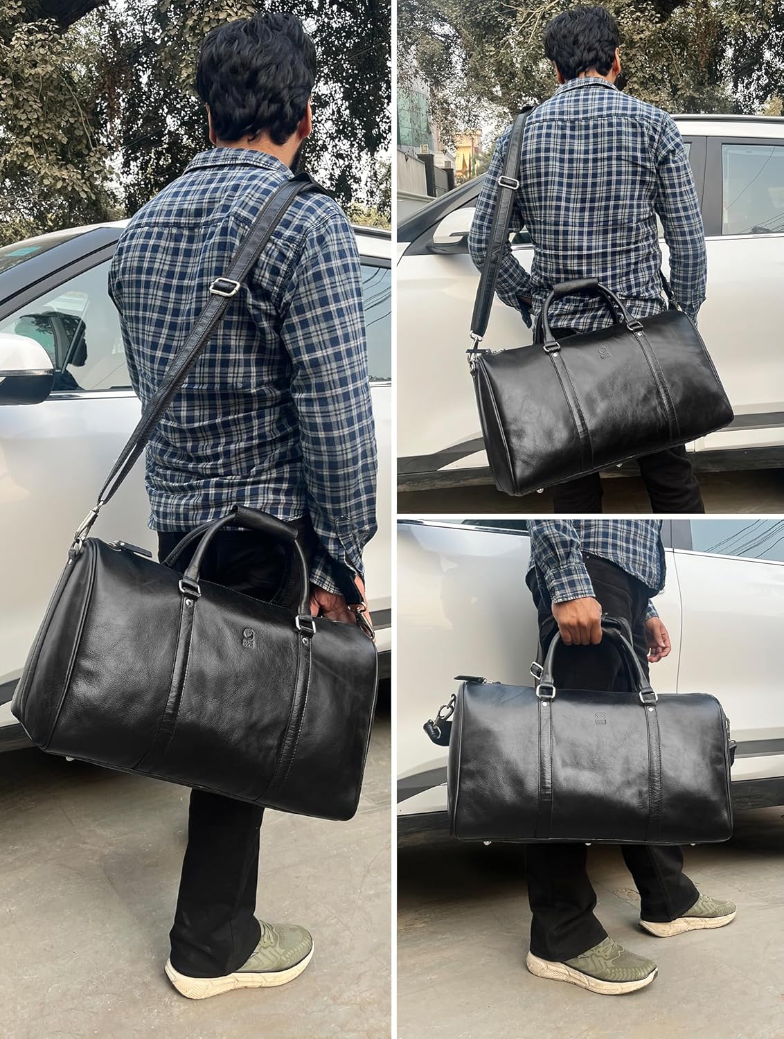 Leather Duffle Bag for Men - Full Grain Leather Travel Bag - TSA Approved Carry On Weekender Overnight Duffel Bag (Black, 20 inch)