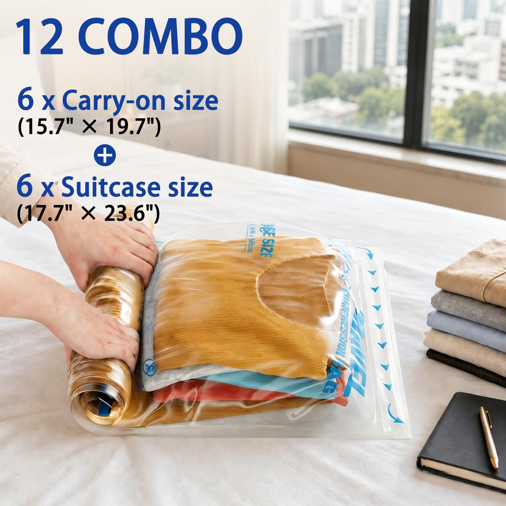 Compression Bags for Travel Essentials, Roll Up Bags No Vacuum Needed