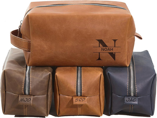 Bleggeit Personalized Leather Toiletry Bag For Men with Hook, Groomsmen Gifts Travel Bag Laser Engraved Name Monogram Gift For Him Husband Father Leather Dopp Kit (Style 3)