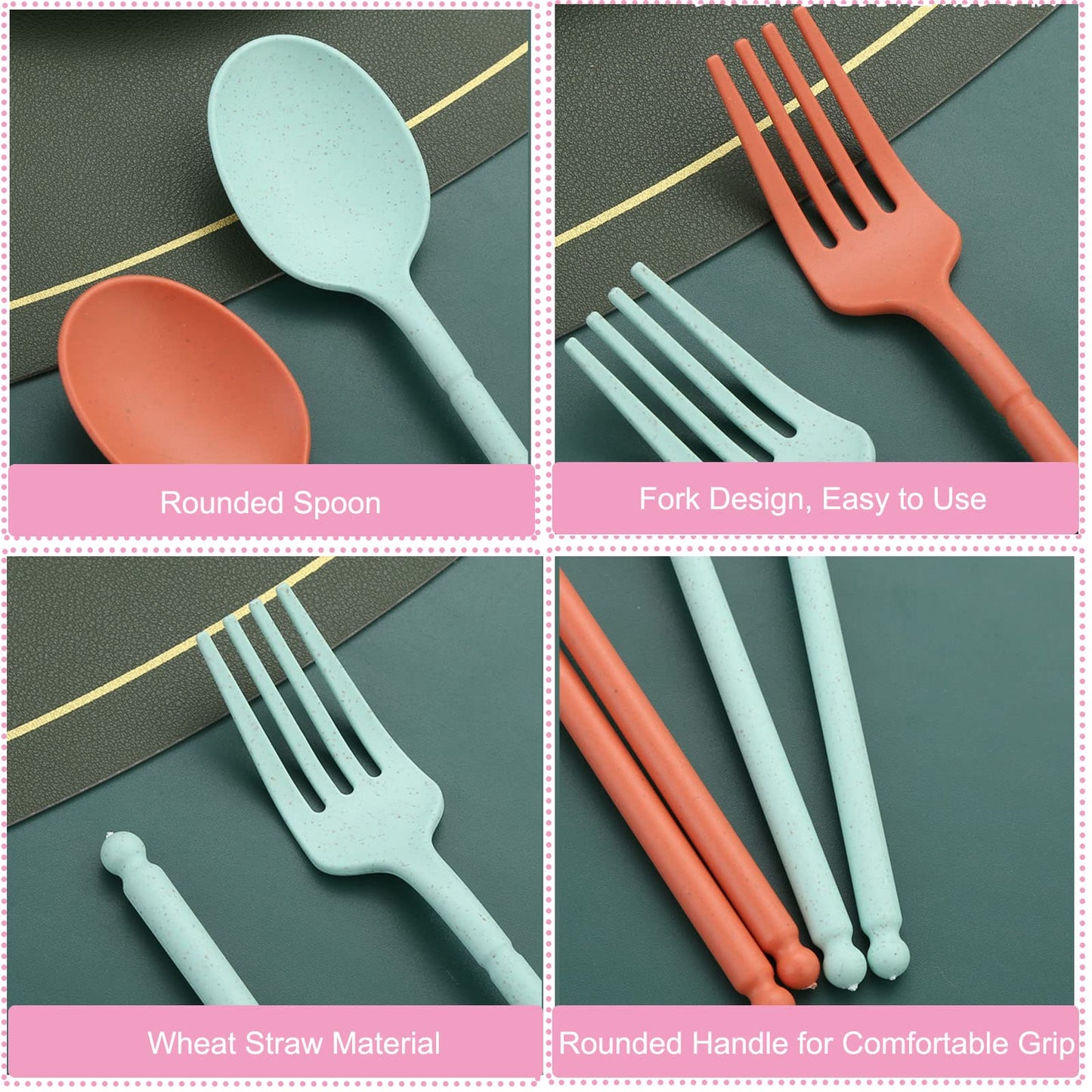 8 Colors Portable Utensils Sets with Case, Wheat Straw Cutlery Set, Reusable Travel Flatware Set